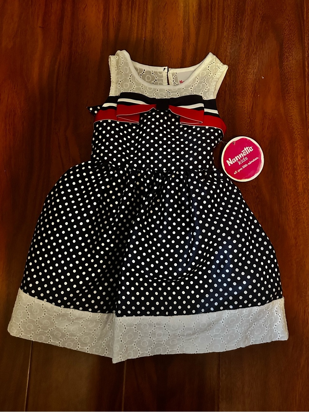 NWT 2T Nannette Kids Navy Polka Dot Dress with White Lace and Bow